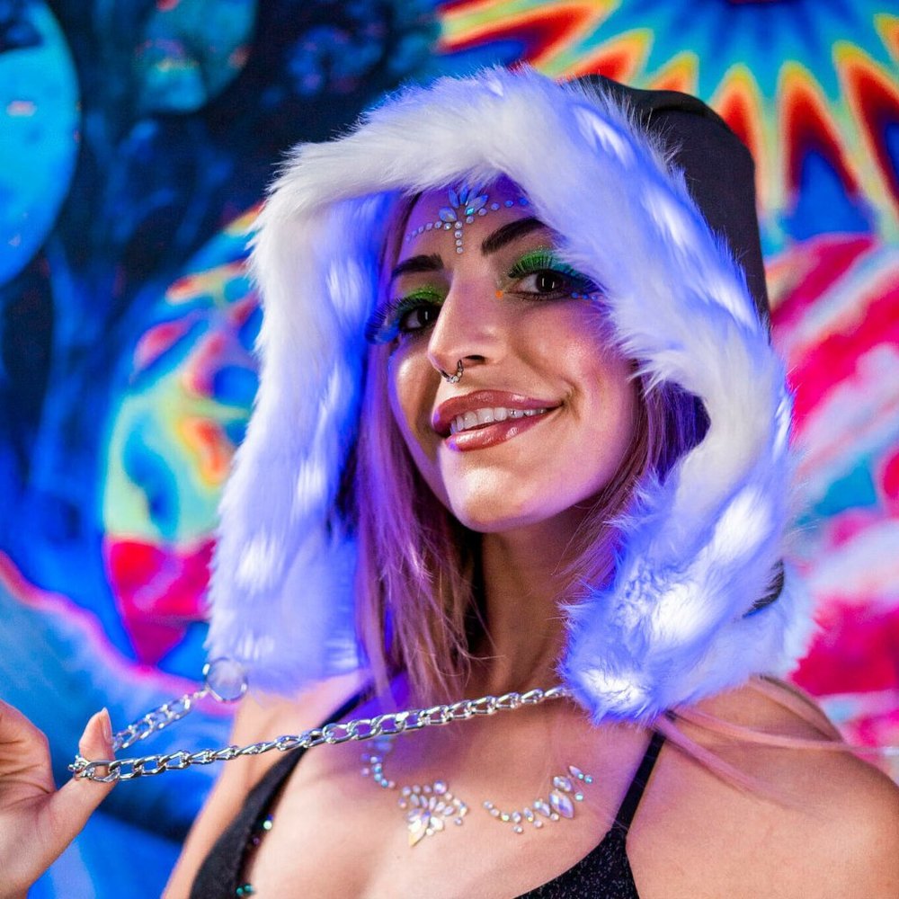 LED Fur Hood Hat Flash Reactive Fabric 20+ Color Changing Modes w/ Remote NWT